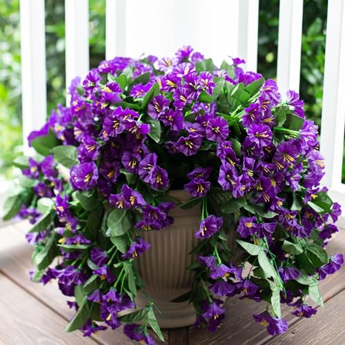 Artificial Fake Hanging Flowers Plants for Outdoor Outside Summer Decoration 2PCS Faux Silk Morning Glory Purple UV Resistant Look Real Trailing Vines for Home Planter Porch Patio