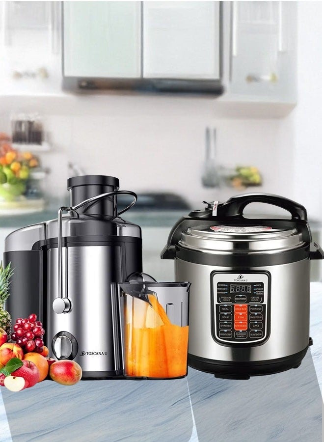 توسكانا يو قدر و طنجرة ضغط كهربائية سعة 6 لتر، 12 وظيفة، 1000 واط، أسود/رمادي مع عصارة فواكه و خضار كهربائية بقوة 800 واط و سعة 600 مل - Image 1