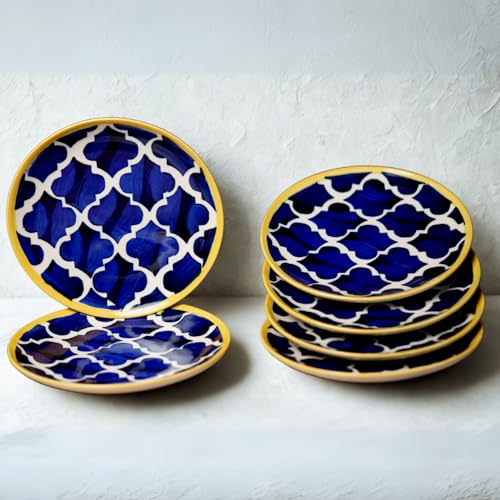 Freakway Hand-Painted Stoneware Moroccan Premium Ceramic 7-inch Quarter/Small Plate Set of 6 Pcs | Bone Ash Free | Microwave and Dishwasher Safe - Blue - Image 1