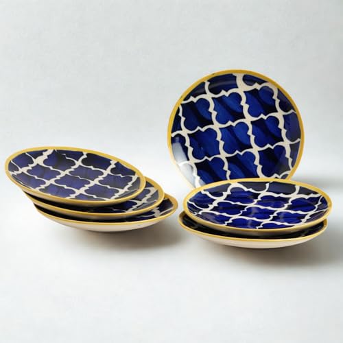 Freakway Hand-Painted Stoneware Moroccan Premium Ceramic 7-inch Quarter/Small Plate Set of 6 Pcs | Bone Ash Free | Microwave and Dishwasher Safe - Blue - Image 2