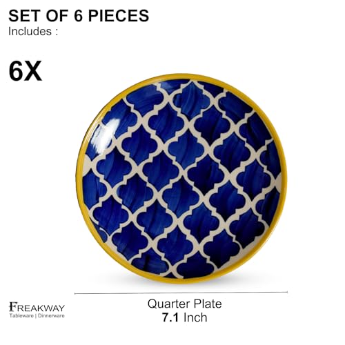 Freakway Hand-Painted Stoneware Moroccan Premium Ceramic 7-inch Quarter/Small Plate Set of 6 Pcs | Bone Ash Free | Microwave and Dishwasher Safe - Blue - Image 3