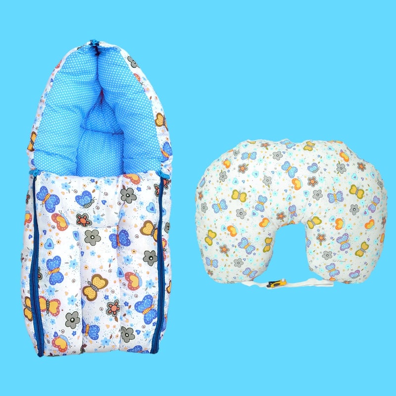 Kid's Charm Kids Charm Butterfly 2 PCS Combo Set 3 in 1 Babys Cotton Bed Cum Carry Bed5 in 1 Babys Cotton Breast Feeding Pillow with Safety Belt for 48 Months Blue 