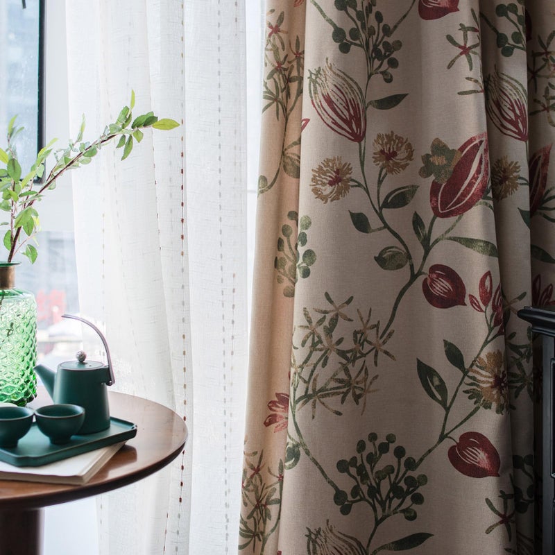 SUOUO Floral Curtains Linen Textured for Bedroom Printed Paisley Red Flower Light Filtering Window Drapes Grommet for Living Room 96 inches Long 2 Panels - Image 1