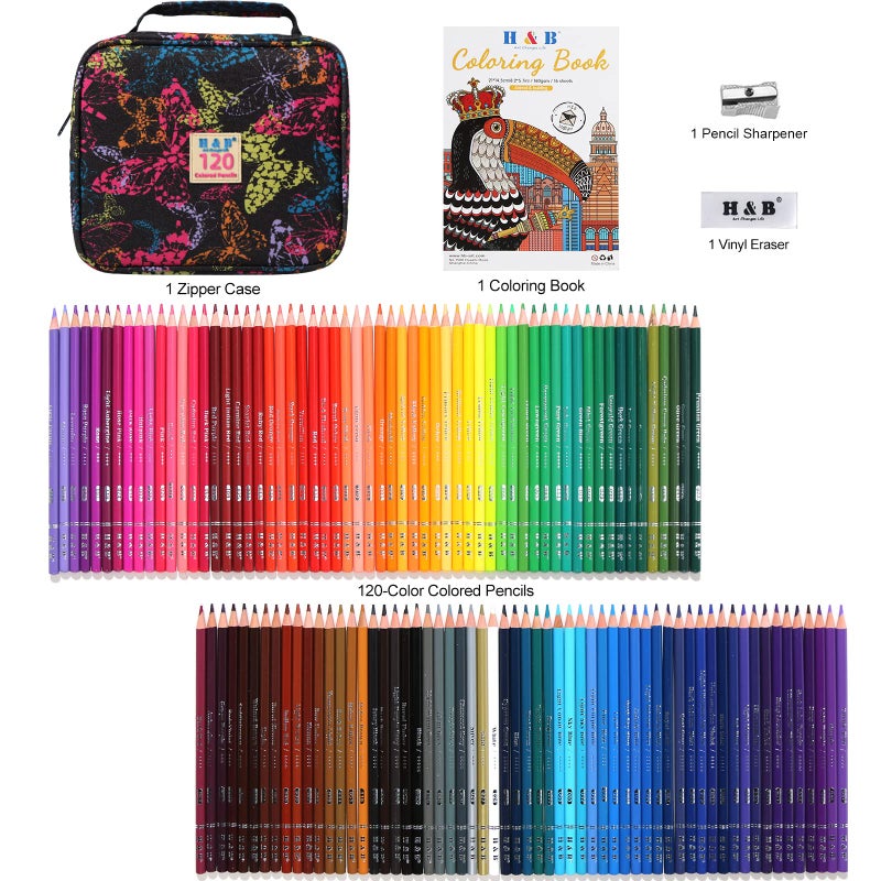 HB H & B 120-Color Colored Pencils Set with Coloring Book, Eraser, and Sharpener - Perfect for Drawing and Coloring - Soft Oil-Based Cores Ideal for Adults and Beginners - Image 2