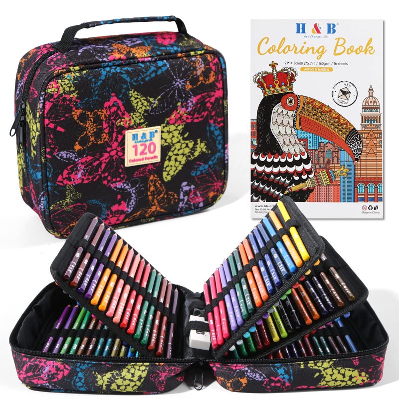 HB H & B 120-Color Colored Pencils Set with Coloring Book, Eraser, and Sharpener - Perfect for Drawing and Coloring - Soft Oil-Based Cores Ideal for Adults and Beginners - Image 1
