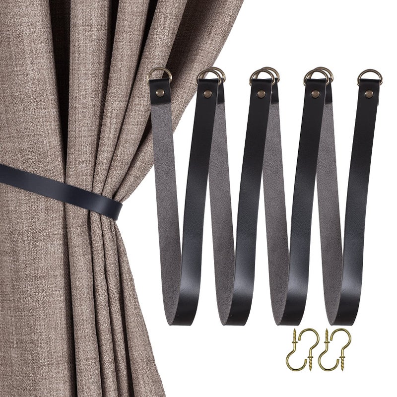 Home Queen Black Leather Curtain Tie Backs Outdoor Drapery Holder Holdbacks Tiebacks with Wall Hooks Set of 2