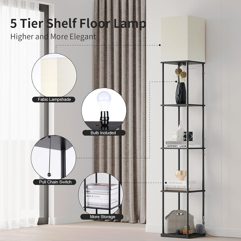 SUNMORY 5 Tier Floor Lamp with Shelves, Modern Square Standing Lamp with 3 Color Temperature Bulb, Corner Display Bookshelf Lamp for Living Room and Bedroom, Tall Shelf Floor Lamp - Image 3