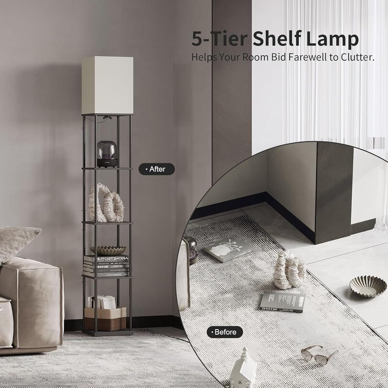 SUNMORY 5 Tier Floor Lamp with Shelves, Modern Square Standing Lamp with 3 Color Temperature Bulb, Corner Display Bookshelf Lamp for Living Room and Bedroom, Tall Shelf Floor Lamp - Image 4