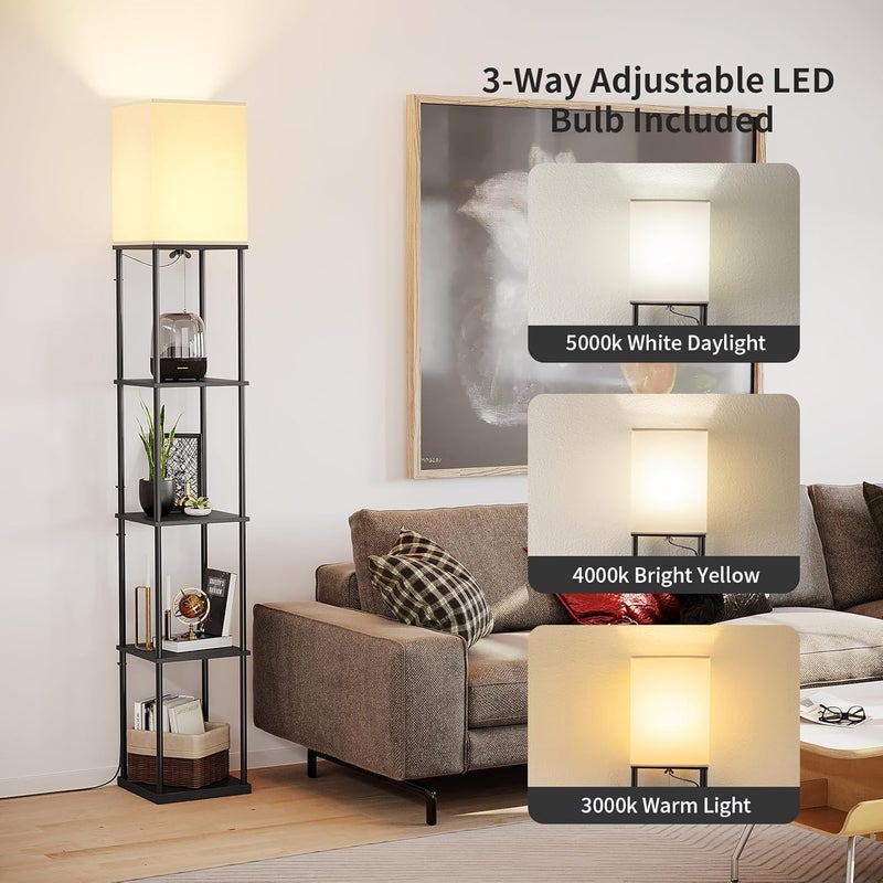 SUNMORY 5 Tier Floor Lamp with Shelves, Modern Square Standing Lamp with 3 Color Temperature Bulb, Corner Display Bookshelf Lamp for Living Room and Bedroom, Tall Shelf Floor Lamp - Image 2