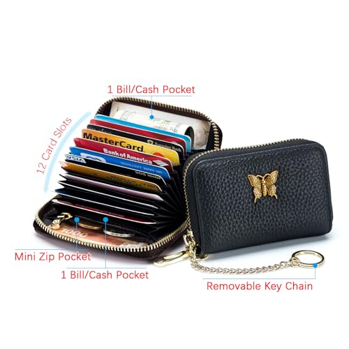 imeetu RFID Credit Card Holder for Women Genuine Leather Card Case Wallet with Zipper and Removable Keychain (Pink) - Image 3