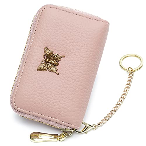 imeetu RFID Credit Card Holder for Women Genuine Leather Card Case Wallet with Zipper and Removable Keychain (Pink) - Image 1
