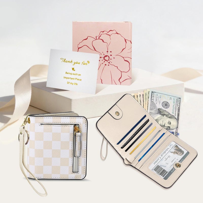 COSHAYSOO Personalized RFID Slim Bifold Wallet for Women Teen Girls with Wristlet Keychain, Cream Small Wallets Woman Cute Easter Basket Stuffers Birthday Travel Gifts for College Teenager Checkered - Image 2