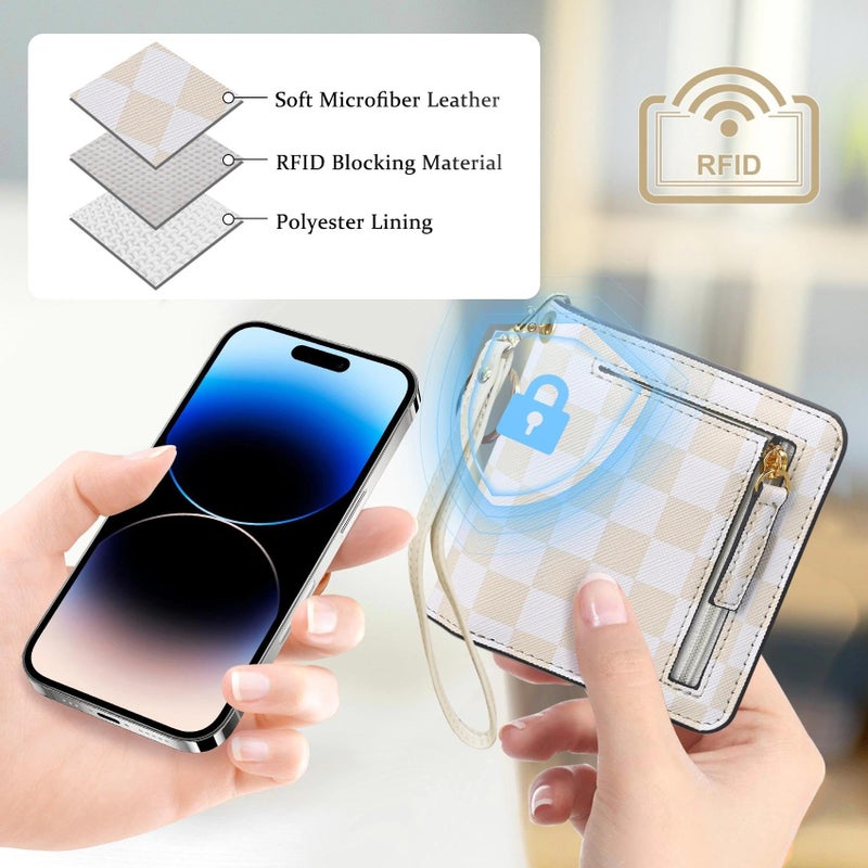 COSHAYSOO Personalized RFID Slim Bifold Wallet for Women Teen Girls with Wristlet Keychain, Cream Small Wallets Woman Cute Easter Basket Stuffers Birthday Travel Gifts for College Teenager Checkered - Image 3