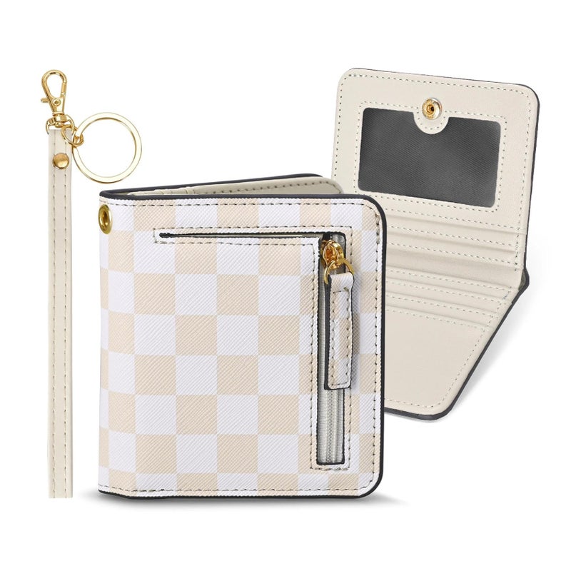 COSHAYSOO Personalized RFID Slim Bifold Wallet for Women Teen Girls with Wristlet Keychain, Cream Small Wallets Woman Cute Easter Basket Stuffers Birthday Travel Gifts for College Teenager Checkered - Image 1