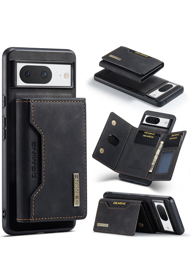 DGMING Wallet Case for Google Pixel 8, DG.MING Premium Leather Phone Case Back Cover Magnetic Detachable with Trifold Wallet Card Holder Pocket (Black) - Image 2