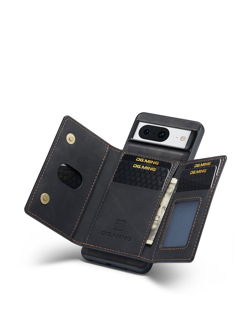 DGMING Wallet Case for Google Pixel 8, DG.MING Premium Leather Phone Case Back Cover Magnetic Detachable with Trifold Wallet Card Holder Pocket (Black) - Image 5