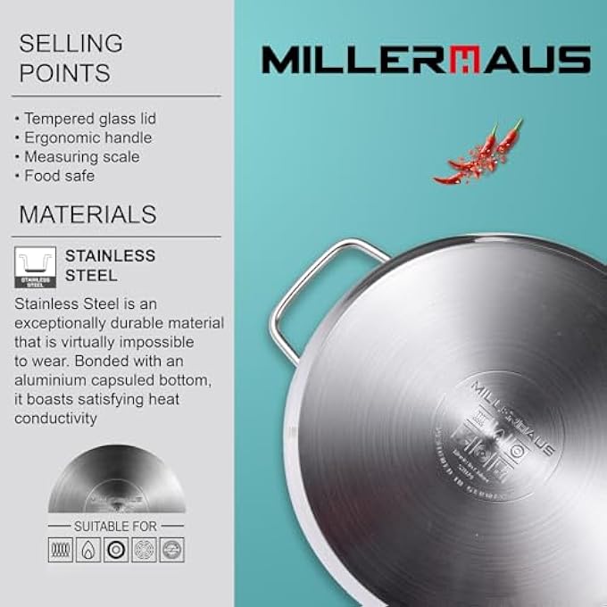 MILLERHAUS Casserole 26X13Cm SS Induction With Lid Casserole With Lid  Stainless Steel  26X13Cm  Induction  Shiny And Matt  Straight Shape  Measuring Scale  Welded Wire Handle And Knob E - Image 5