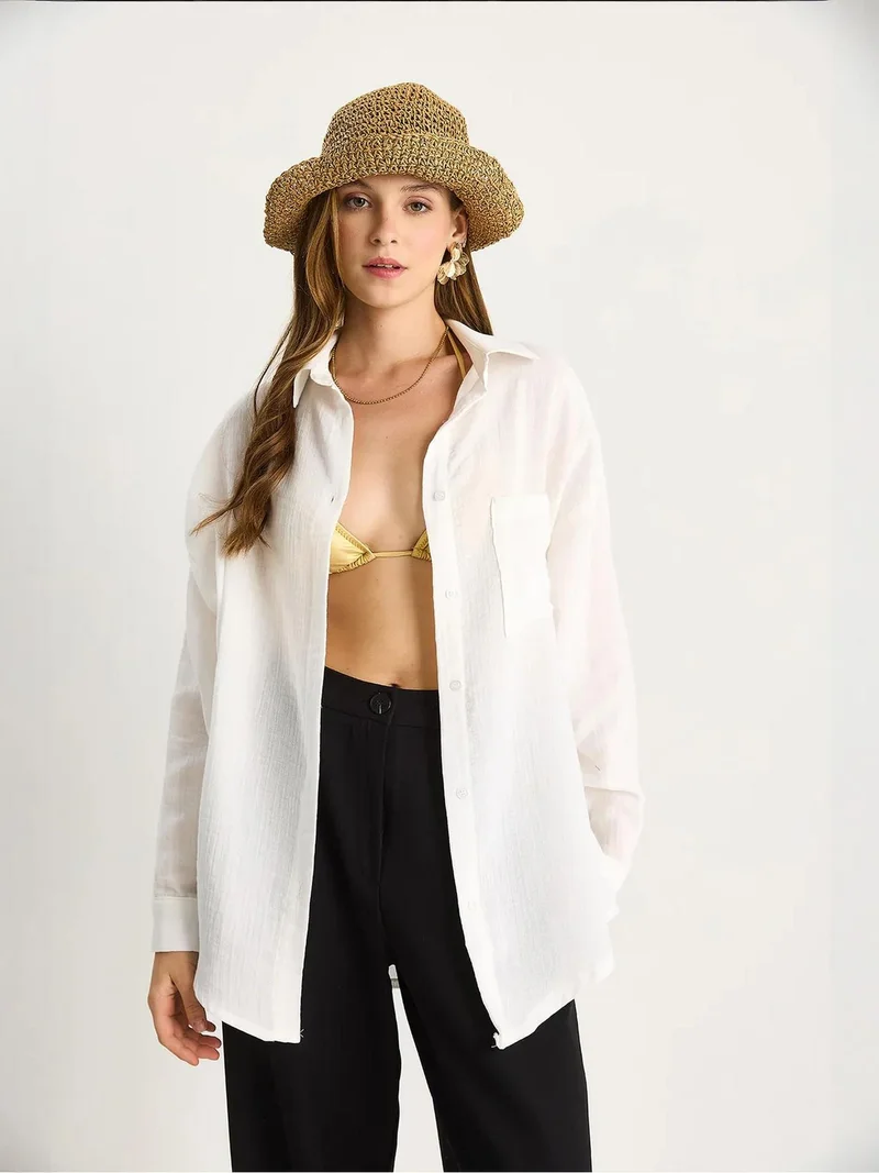 Bianco Lucci LUCCI Textured Oversized Button-Up Shirt with Pocket