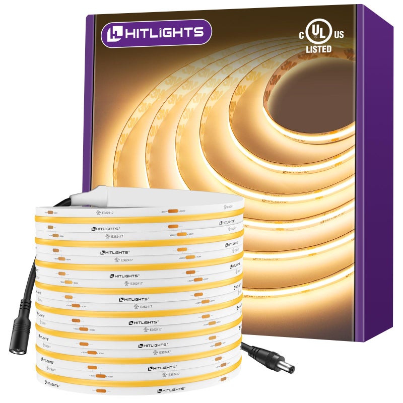 HitLights COB LED Strip Lights Warm White 3000K, 16.4ft Premium High Density 24V Tape Light, 2560 LEDs, 350+ LM/FT, CRI 90+, IP30, Lighting for Kitchen, Cabinets, UL Listed (Power Source Not Included) - Image 1