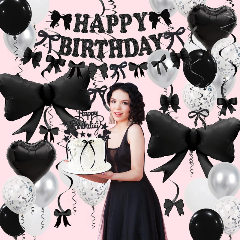 Douvelue Black Bow Birthday Decorations, Happy Birthday Banner Garland and Hanging Swirls, 28Pcs Balloons, Cake Toppers, Bow Themed Party Decorations for Girls Women - Image 4