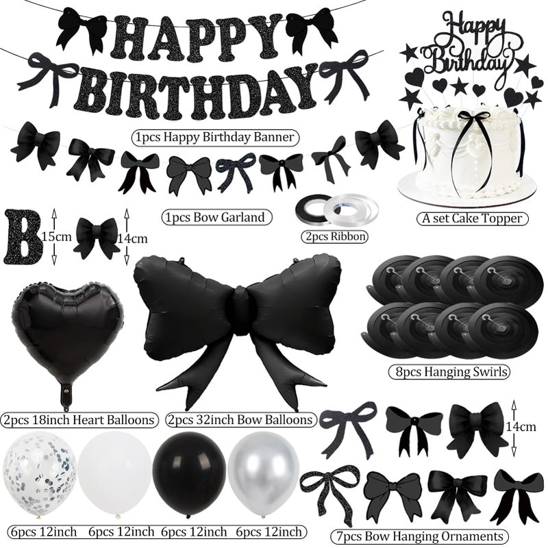 Douvelue Black Bow Birthday Decorations, Happy Birthday Banner Garland and Hanging Swirls, 28Pcs Balloons, Cake Toppers, Bow Themed Party Decorations for Girls Women - Image 2