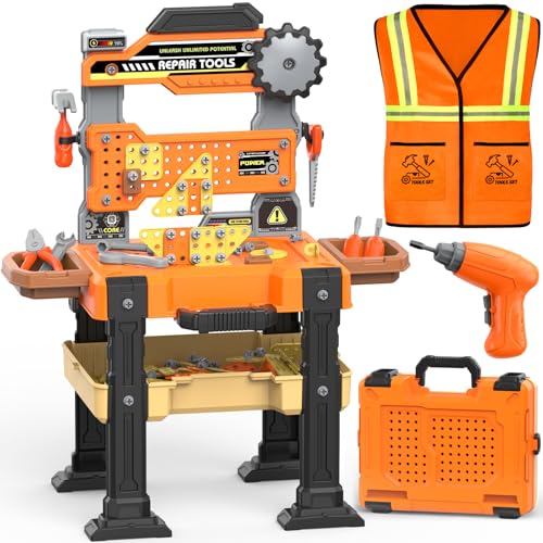 Toycost Kids Tool Bench Set with Electric Drill Vest Kids Tool Set Toddler Workbench Transformable Kid Tools Box Toddler Workbench Toy Tools Bench Christmas Birthday Gift for Boys Girls Ages 35 - Image 1