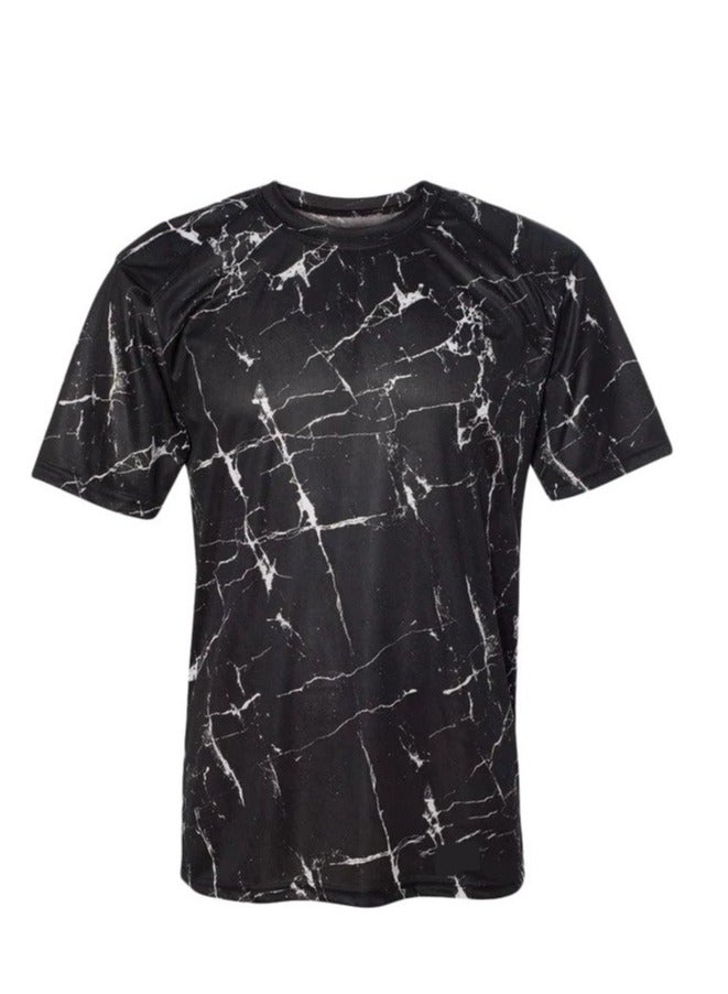Men’s Cotton T-Shirt – Black Marble Print, Short Sleeve, Casual Round Neck Tee, Soft & Breathable Fabric