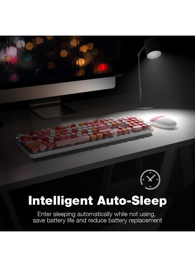 MOWUX Wireless Keyboard and Mouse Combo, Full Size Typewriter Retro Round Computer Keyboard, Mouse Wireless, Plug and Play, for Laptop, PC, Computer- White Colorful - Image 4