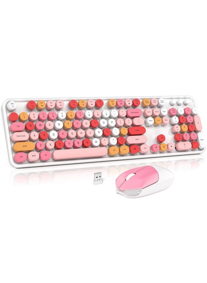 MOWUX Wireless Keyboard and Mouse Combo, Full Size Typewriter Retro Round Computer Keyboard, Mouse Wireless, Plug and Play, for Laptop, PC, Computer- White Colorful - Image 1