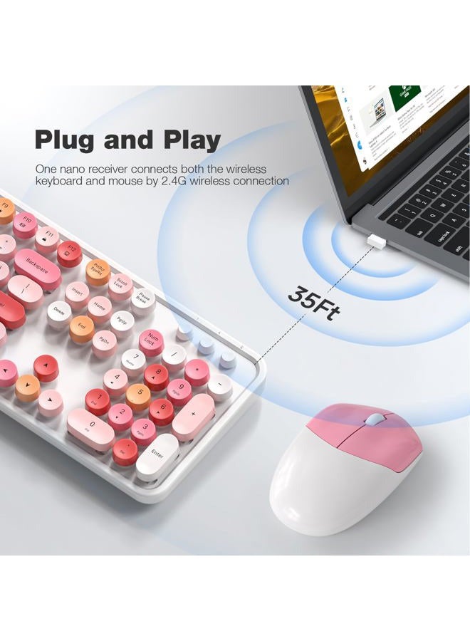 MOWUX Wireless Keyboard and Mouse Combo, Full Size Typewriter Retro Round Computer Keyboard, Mouse Wireless, Plug and Play, for Laptop, PC, Computer- White Colorful - Image 2