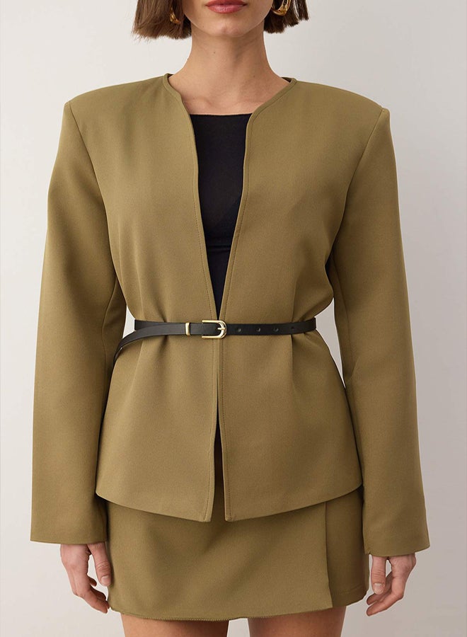 trendyol Light Khaki Belted Regular Fit Woven Blazer Jacket - Image 3