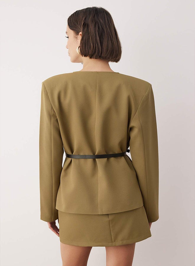 trendyol Light Khaki Belted Regular Fit Woven Blazer Jacket - Image 4