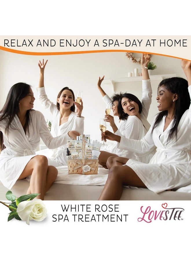 Lovestee Valentines Day Bath & Body Spa Gift Basket for Women, Best Gift for Mother's Day & Birthday, White Rose Set Body Lotion, Shower Gel, Bubble Bath, Bath Salt, Towel, Soap, Oil, Candle, Gloves,  - Image 3