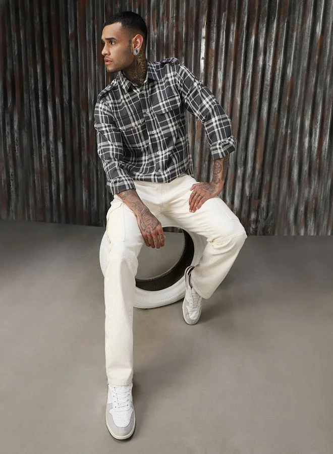 HIGH STAR Men Releaxed Fit Tartan Checks Textured Checked Utility Casual Shirt