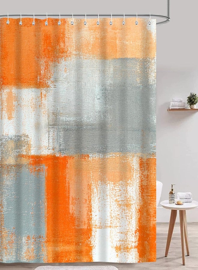 iTapnoom Orange Grey Shower Curtain for Bathroom, Orange Beige Gray Modern Abstract Grunge Painting Bathroom Accessory Decor Fabric Waterproof Bath Curtain Set 72X72 Inch with Hooks - Image 2
