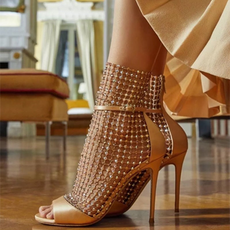 New Star Net Red Same Style Rhinestone Fish Mouth Hollow Mesh Catwalk Show Sandals High Heels Stiletto Heel - Image 4