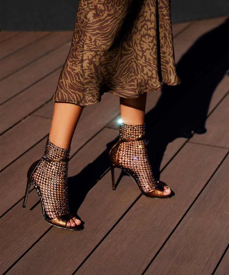 New Star Net Red Same Style Rhinestone Fish Mouth Hollow Mesh Catwalk Show Sandals High Heels Stiletto Heel - Image 1
