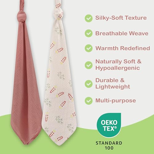 infancie 100% Organic Cotton Muslin Baby Blanket - 47x47 Inch Breathable Swaddle, Hypoallergenic Double-Layer, Versatile Use (Pink Floral, 47x47 Inch) - Image 3
