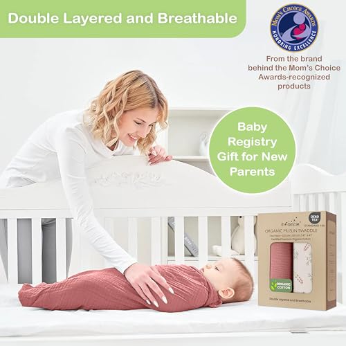 infancie 100% Organic Cotton Muslin Baby Blanket - 47x47 Inch Breathable Swaddle, Hypoallergenic Double-Layer, Versatile Use (Pink Floral, 47x47 Inch) - Image 5