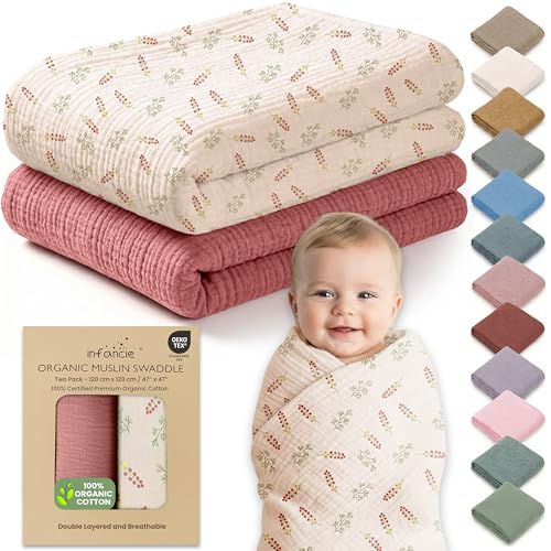 infancie 100% Organic Cotton Muslin Baby Blanket - 47x47 Inch Breathable Swaddle, Hypoallergenic Double-Layer, Versatile Use (Pink Floral, 47x47 Inch) - Image 1