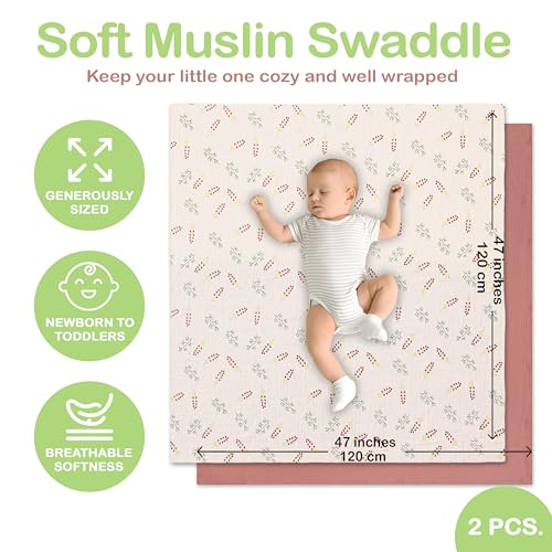 infancie 100% Organic Cotton Muslin Baby Blanket - 47x47 Inch Breathable Swaddle, Hypoallergenic Double-Layer, Versatile Use (Pink Floral, 47x47 Inch) - Image 4