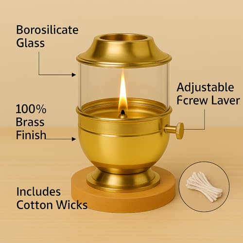 True Decor 5 Inch Brass Akhand Diya with Adjustable Batti Wick Lifting Screw Lever & Borosicilate Glass Cover 150ML - Image 2