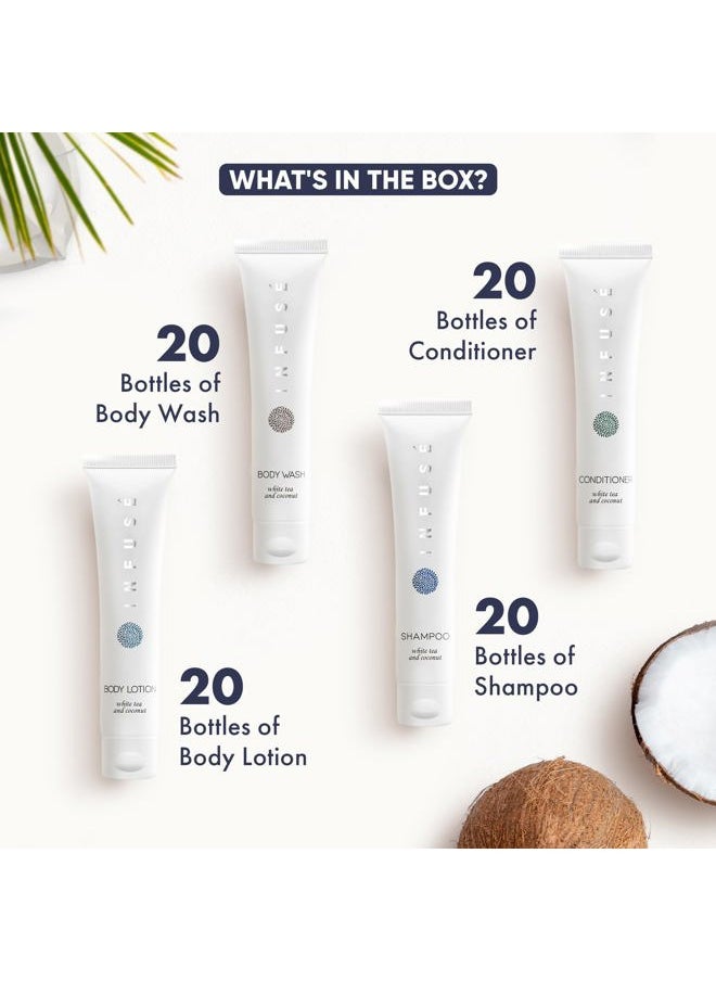 Terra Pure Infuse White Tea & Coconut Hotel Toiletries Bulk Set | 1-Shoppe Amenities Kit | 1oz Shampoo & Conditioner, Body Wash, Lotion | Travel Size | 80 Pieces  - Image 3