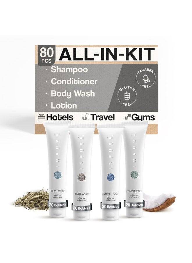 Terra Pure Infuse White Tea & Coconut Hotel Toiletries Bulk Set | 1-Shoppe Amenities Kit | 1oz Shampoo & Conditioner, Body Wash, Lotion | Travel Size | 80 Pieces  - Image 1