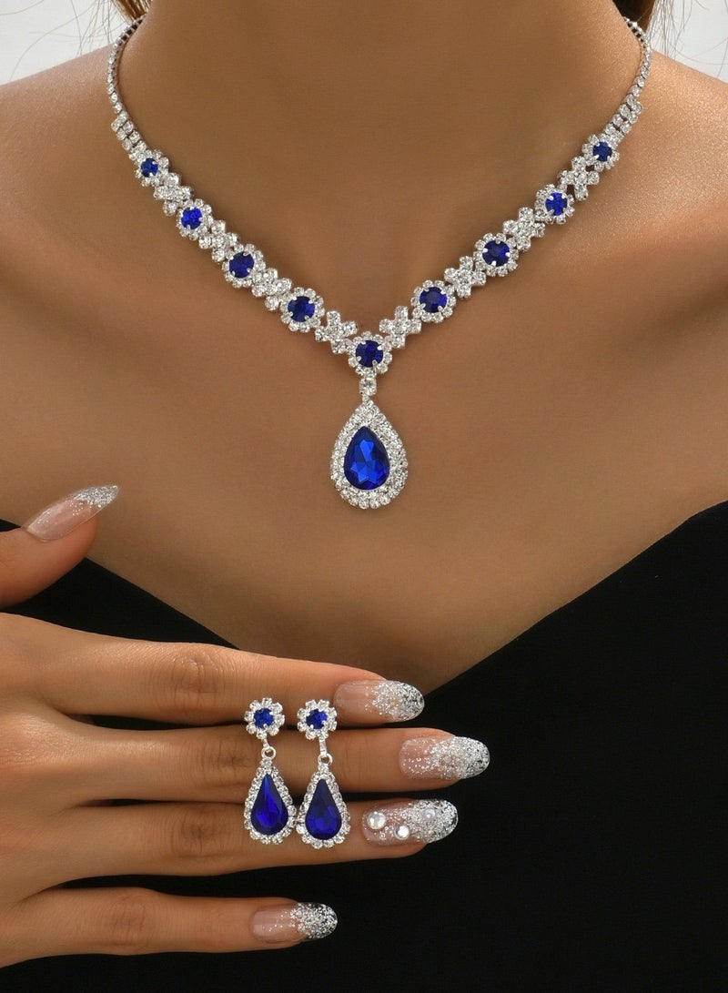 JOOLI 2 Piece Jewelry Set of Necklace and Earrings Shiny Drop Shape Chic Oval Rhinestone Decor Jewellery Set for Women Ladies Gift for Girlfriend Wife Mother Bridesmaids Wedding Party Accessories  - Image 1