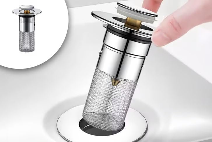 MGNLR Stainless Steel Sink Strainer for Kitchen & Bathroom | Push Down Drain Filter with Anti-Clog Design | Removable Stainless Steel Filter Basket, Clean, Universal Plug (Pack of 1) - Image 2