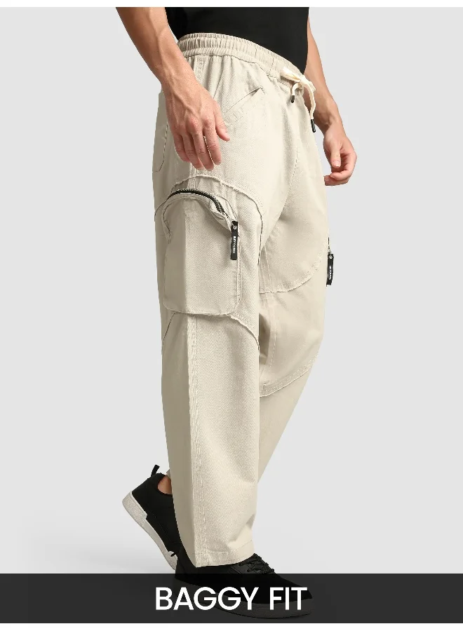 Beyoung Beige Raw Edge 3D Pocket Cargo Pants