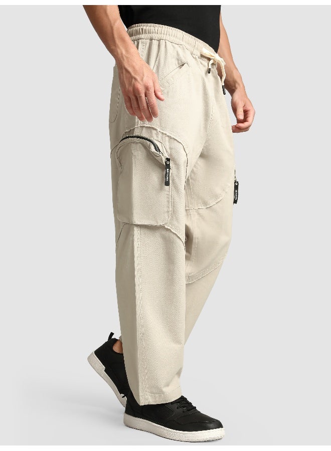 Beyoung Beige Raw Edge 3D Pocket Cargo Pants  - Image 1