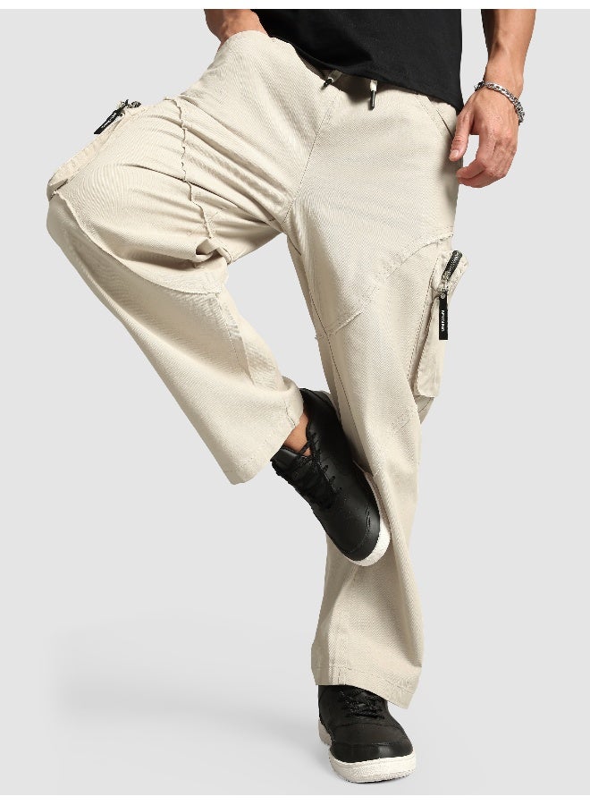 Beyoung Beige Raw Edge 3D Pocket Cargo Pants  - Image 5