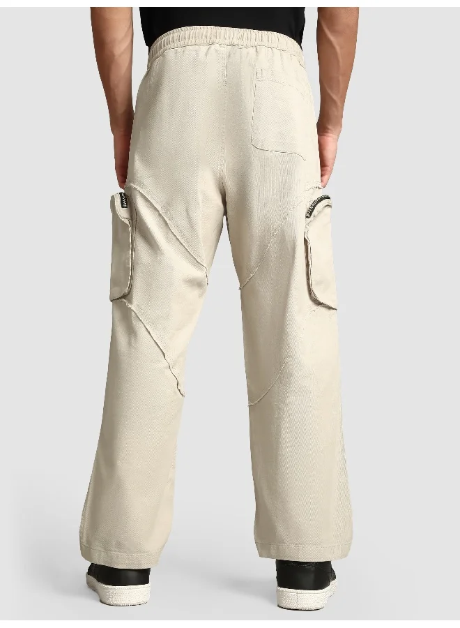 Beyoung Beige Raw Edge 3D Pocket Cargo Pants